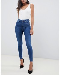 ASOS DESIGN Ridley High Waist Skinny Jeans In Dark Stone Wash With Raw Hem Detail