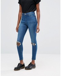Asos Ridley High Waist Skinny Jeans In Mahogany Dark Stonewash With Busted Knee Rips