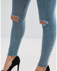 Asos Ridley Skinny Jeans In Lela Wash With Busted Knees And Raw Hem