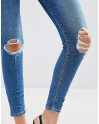 Asos Ridley Skinny Jeans In Roy Dark Stonewash With Busted Knees
