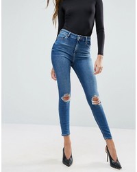 Asos Ridley Skinny Jeans In Roy Dark Stonewash With Busted Knees