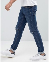 Asos Skinny Jeans With Knee Rips In Dark Blue Wash