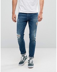 Asos Skinny Jeans With Rips In Mid Blue