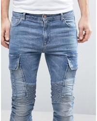 Asos Super Skinny Jeans With Cargo Pockets And Biker Details In Mid Blue