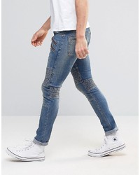 Asos Super Skinny Jeans With Double Zip And Biker Details In Mid Blue Wash