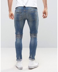 Asos Super Skinny Jeans With Double Zip And Biker Details In Mid Blue Wash