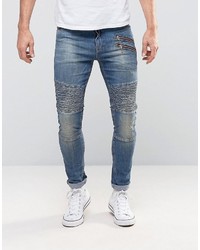 Asos Super Skinny Jeans With Double Zip And Biker Details In Mid Blue Wash