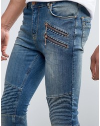 Asos Tall Super Skinny Jeans With Double Zip And Biker Details In Mid Blue Wash