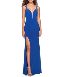 La Femme Strappy Back Fitted Jersey Evening Dress