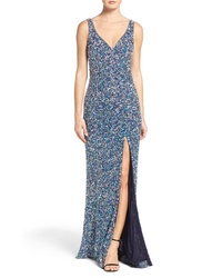 Blue Slit Sequin Evening Dress