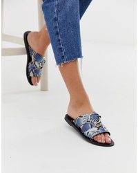 Blue Snake Leather Flat Sandals
