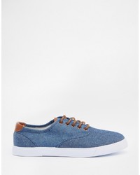 Asos Brand Sneakers In Blue Chambray With Tan Trims