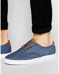 Asos Brand Sneakers In Blue Chambray With Tan Trims
