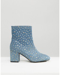 Daisy Street Star Print Denim Heeled Ankle Boots