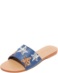 Blue Star Print Leather Flat Sandals