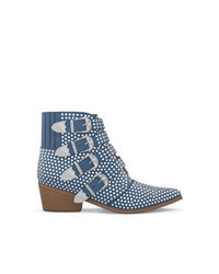 Blue Studded Leather Ankle Boots