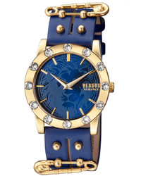 Versus By Versace 40mm Miami Crystal Watch W Studded Leather Strap Blue