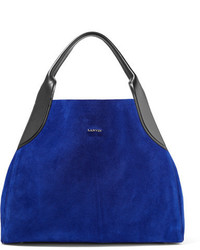 Lanvin Cabas Leather Trimmed Suede Shoulder Bag Bright Blue