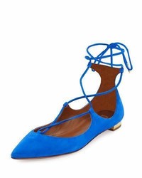 Aquazzura Christy Lace Up Pointed Toe Flat Mondrian Blue