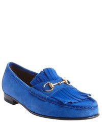 Gucci Cobalt Blue Suede Penny Buckle Strap Fringed Loafers