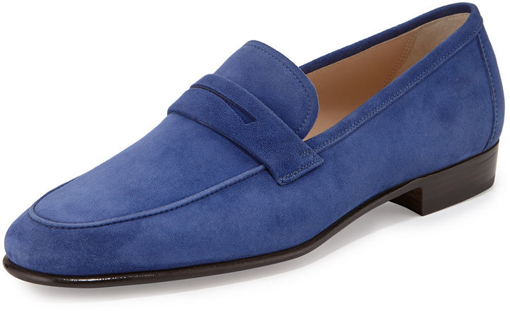 blue suede penny loafers