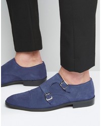 Asos Brand Monk Shoes In Blue Suede With Toe Cap