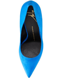 Giuseppe Zanotti Suede Pointed Toe Thick Heel Pump Blue