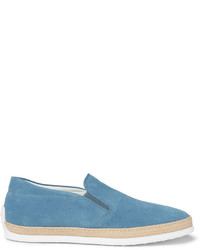 Tod's Raffia Trimmed Suede Slip On Sneakers