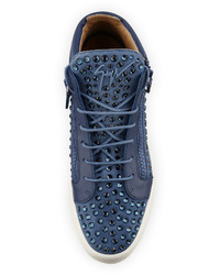 Giuseppe Zanotti Suede Rhinestone Embellished Mid Top Sneaker Light Blue Denim