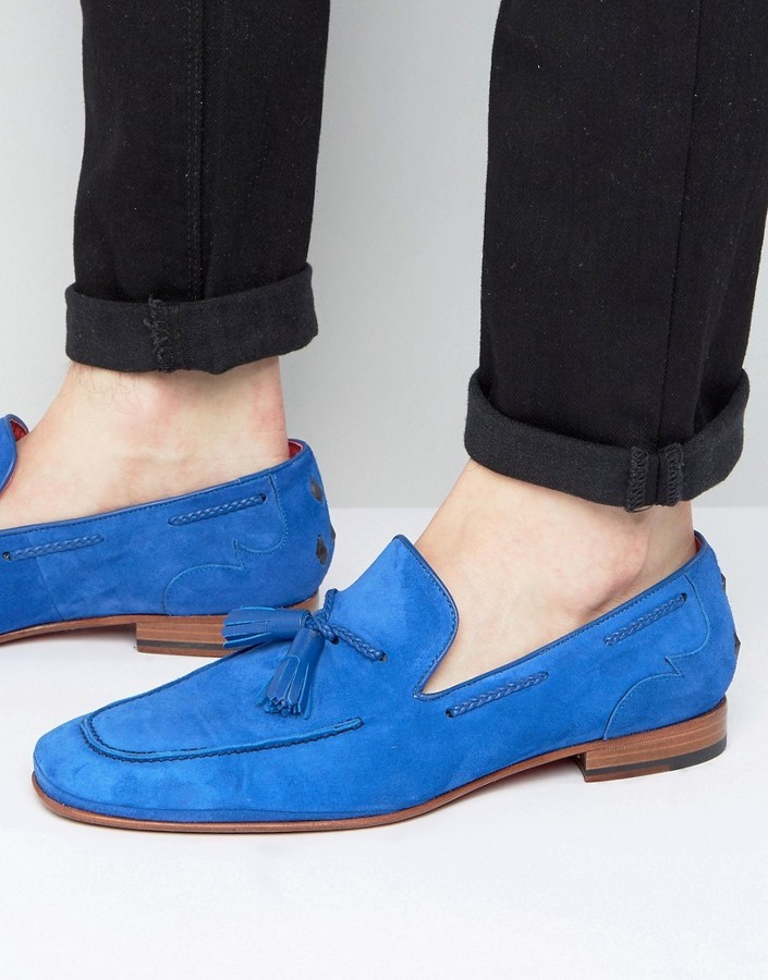 blue suede tassel loafers