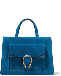 Gucci Dionysus Medium Leather Trimmed Suede Tote Blue