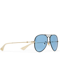 Gucci Aviator Style Black And Gold Tone Sunglasses