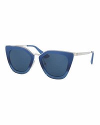 Prada Monochromatic Metal Trim Geometric Cat Eye Sunglasses Blue