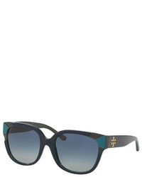 Tory Burch Square Notched Trim Sunglasses Navy, $165 | Neiman Marcus |  Lookastic