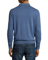 Neiman Marcus Cashmere Long Sleeve Polo Sweater Denim