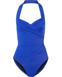 Norma Kamali Mio Ruched Halterneck Swimsuit Bright Blue