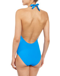 Tory Burch Solid Plunging One Piece Swimsuit Pool Blue