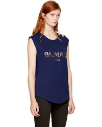 Balmain Navy Sleeveless Logo T Shirt
