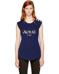Balmain Navy Sleeveless Logo T Shirt