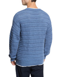 Vince Horizontal Textured Crewneck Sweater Dutch Blue