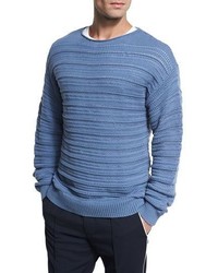 Vince Horizontal Textured Crewneck Sweater Dutch Blue