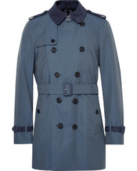 Burberry Kensington Mid Length Suede Trimmed Cotton Gabardine Trench Coat