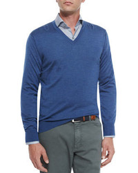 Ermenegildo Zegna Cashmere Blend V Neck Sweater Medium Blue