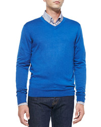 Neiman Marcus Cashmere Silk V Neck Sweater Bluegray