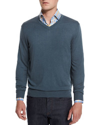 Neiman Marcus Cashmere Silk V Neck Sweater Nightingale