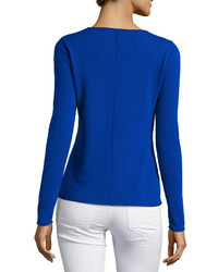 Neiman Marcus Cashmere V Neck Rolled Trim Sweater Blue
