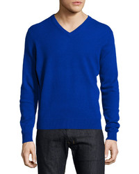 Neiman Marcus Cashmere V Neck Sweater Blue