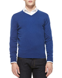 Neiman Marcus Cashmere V Neck Sweater Blue