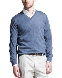Brunello Cucinelli Fine Gauge V Neck Sweater Blue