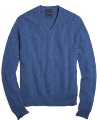 Brooks Brothers Soft Denim Cashmere Basketweave V Neck Sweater